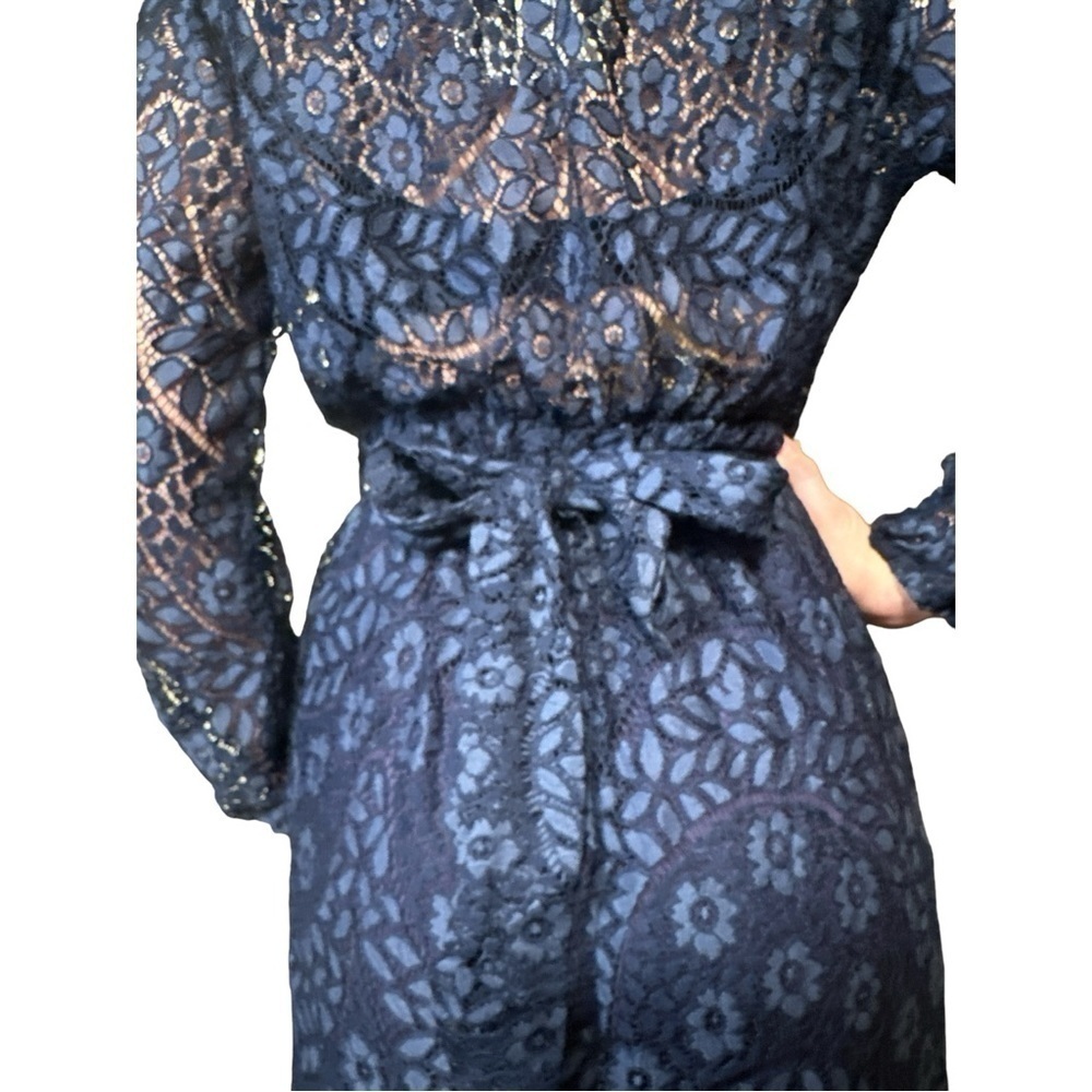Jaase Navy Blue Lace Dress On or Off Shoulder Puffy Long Sheer Sleeve Hi Low Hem - Picture 6 of 8